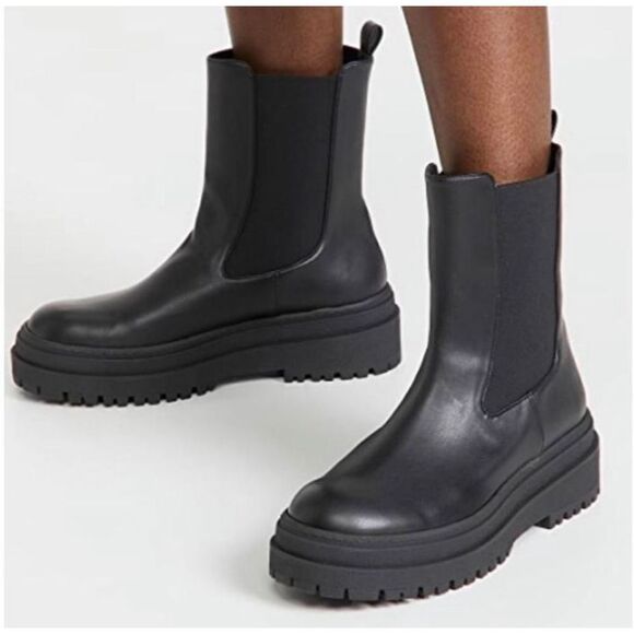 Good American Chelsea Black Leather Pull on Platform Boots New Size 12 - Picture 8 of 8